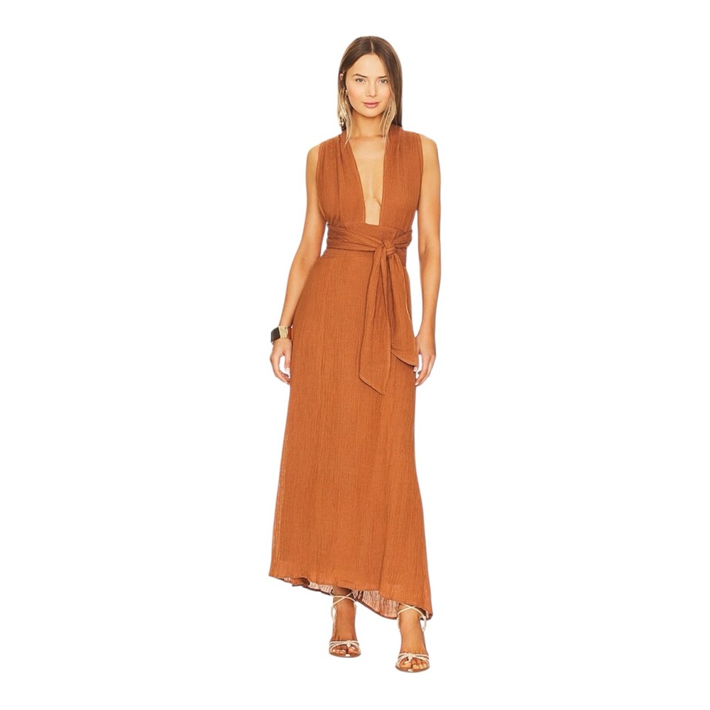 FAITHFULL THE BRAND Maxi Dress 4 Smocked Boho Earth Linen Blend Caramel